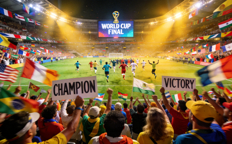 世界杯决赛现场直播画面，球迷欢呼与球场盛况